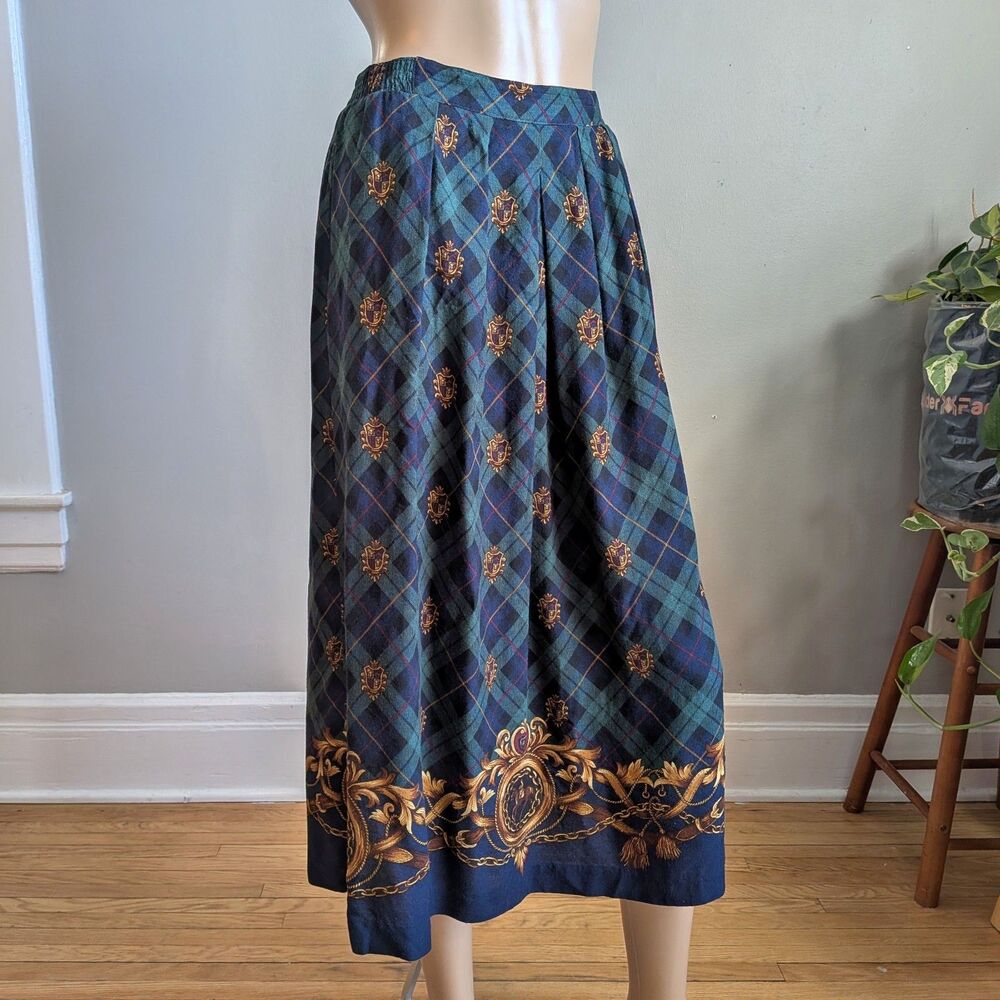 Vintage 1990s Jantzen Midi Skirt Green Plaid Equestrian Preppy Size 8